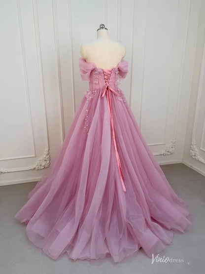 Shimmering Pink Tulle Floral Prom Dresses Butterfly Pearl String Off the Shoulder 90059-prom dresses 2026-Viniodress-Pink-Custom Size – Add Measurements in Cart-