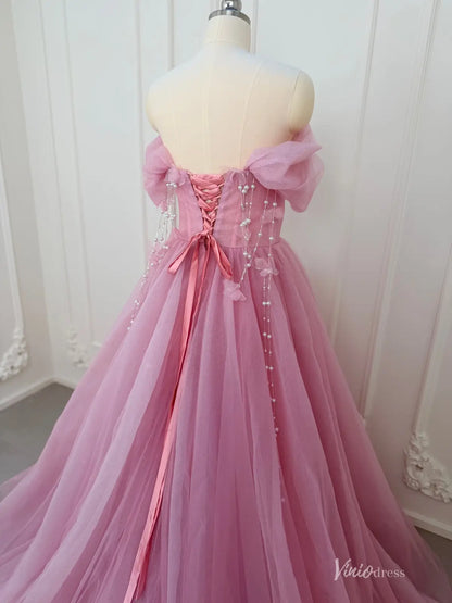 Shimmering Pink Tulle Floral Prom Dresses Butterfly Pearl String Off the Shoulder 90059-prom dresses 2026-Viniodress-Pink-Custom Size – Add Measurements in Cart-