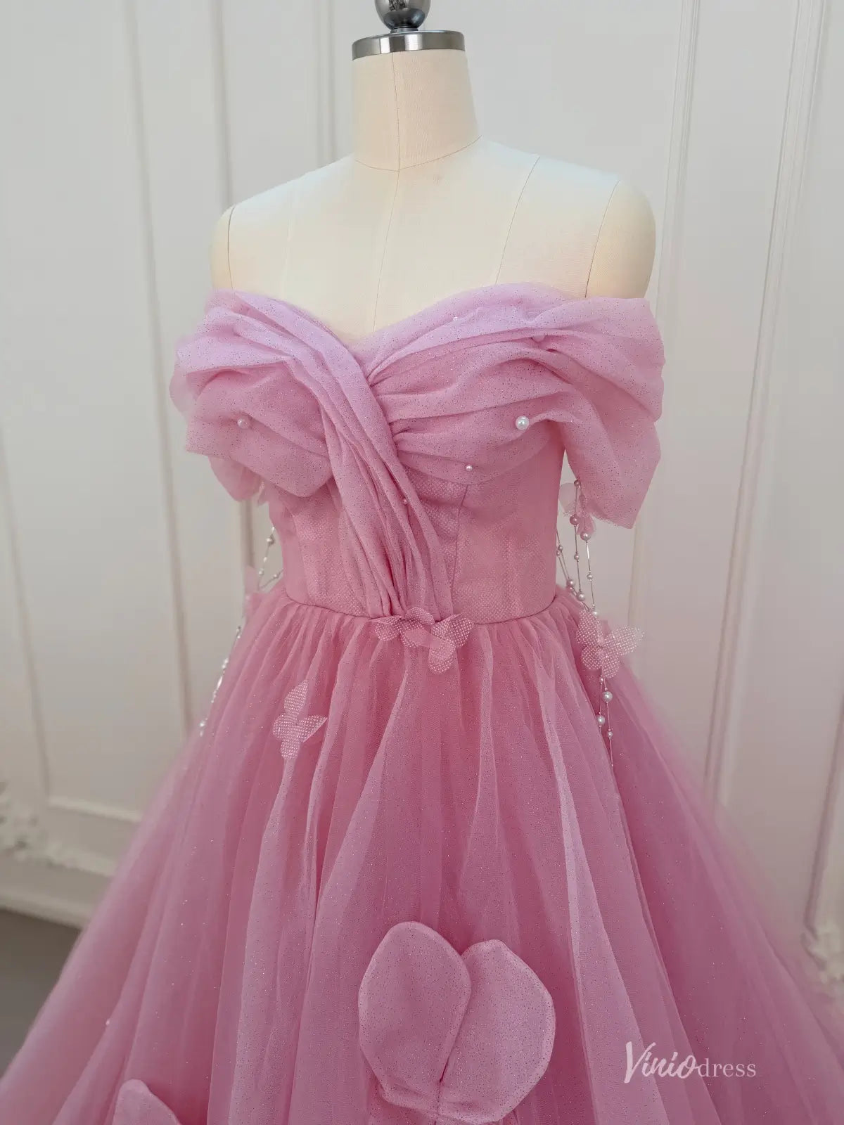Shimmering Pink Tulle Floral Prom Dresses Butterfly Pearl String Off the Shoulder 90059-prom dresses 2026-Viniodress-Pink-Custom Size – Add Measurements in Cart-