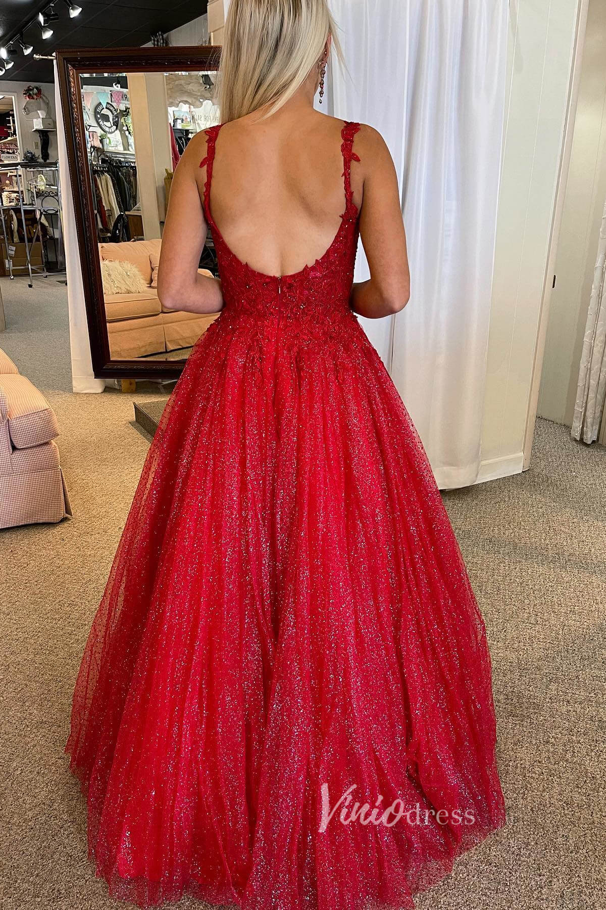 Shimmering Red Prom Dress with Lace Applique and Spaghetti Strap FD3478 - Viniodressprom dressesRedCustom Size - Formal Dresses - Ball Gowns