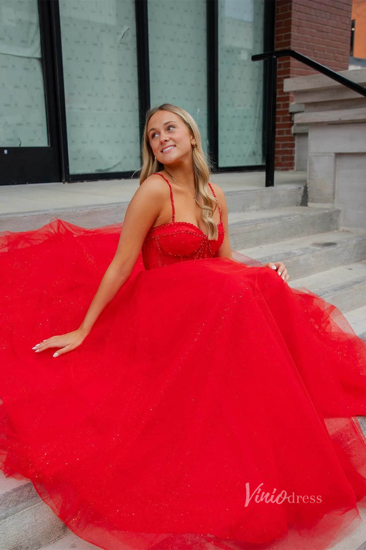 Shimmering Red Spaghetti Strap Prom Dresses with Slit Sheer Beaded Boned Bodice FD4043-prom dresses 2025 -Viniodress-Red-Custom Size-