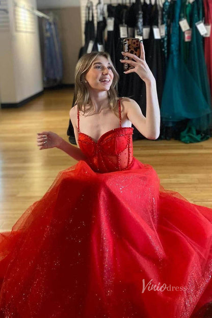 Shimmering Red Spaghetti Strap Prom Dresses with Slit Sheer Beaded Boned Bodice FD4043-prom dresses 2025 -Viniodress-Red-Custom Size-