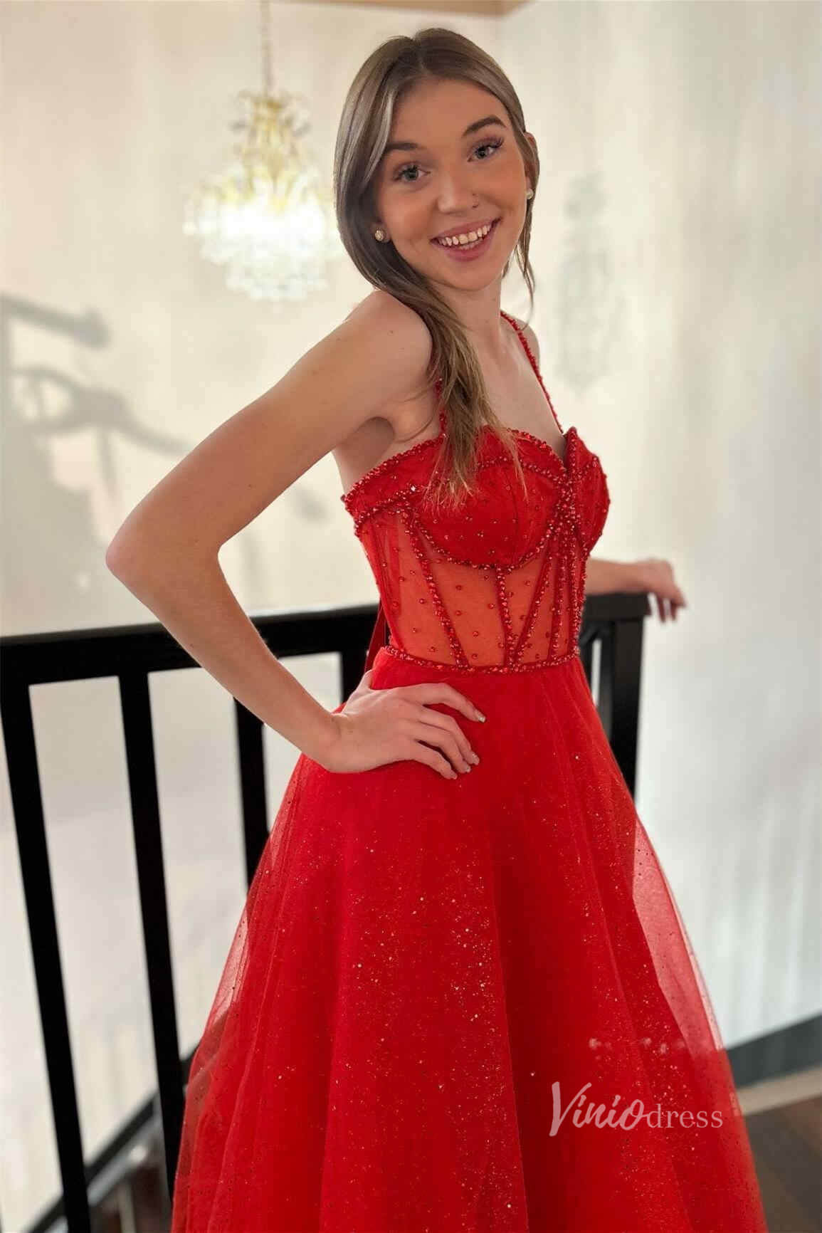 Shimmering Red Spaghetti Strap Prom Dresses with Slit Sheer Beaded Boned Bodice FD4043-prom dresses 2025 -Viniodress-Red-Custom Size-
