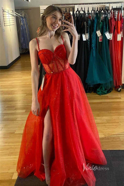 Shimmering Red Spaghetti Strap Prom Dresses with Slit Sheer Beaded Boned Bodice FD4043-prom dresses 2025 -Viniodress-Red-Custom Size-