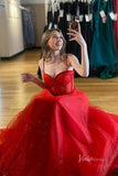 Shimmering Red Spaghetti Strap Prom Dresses with Slit Sheer Beaded Boned Bodice FD4043-prom dresses-Viniodress-Viniodress