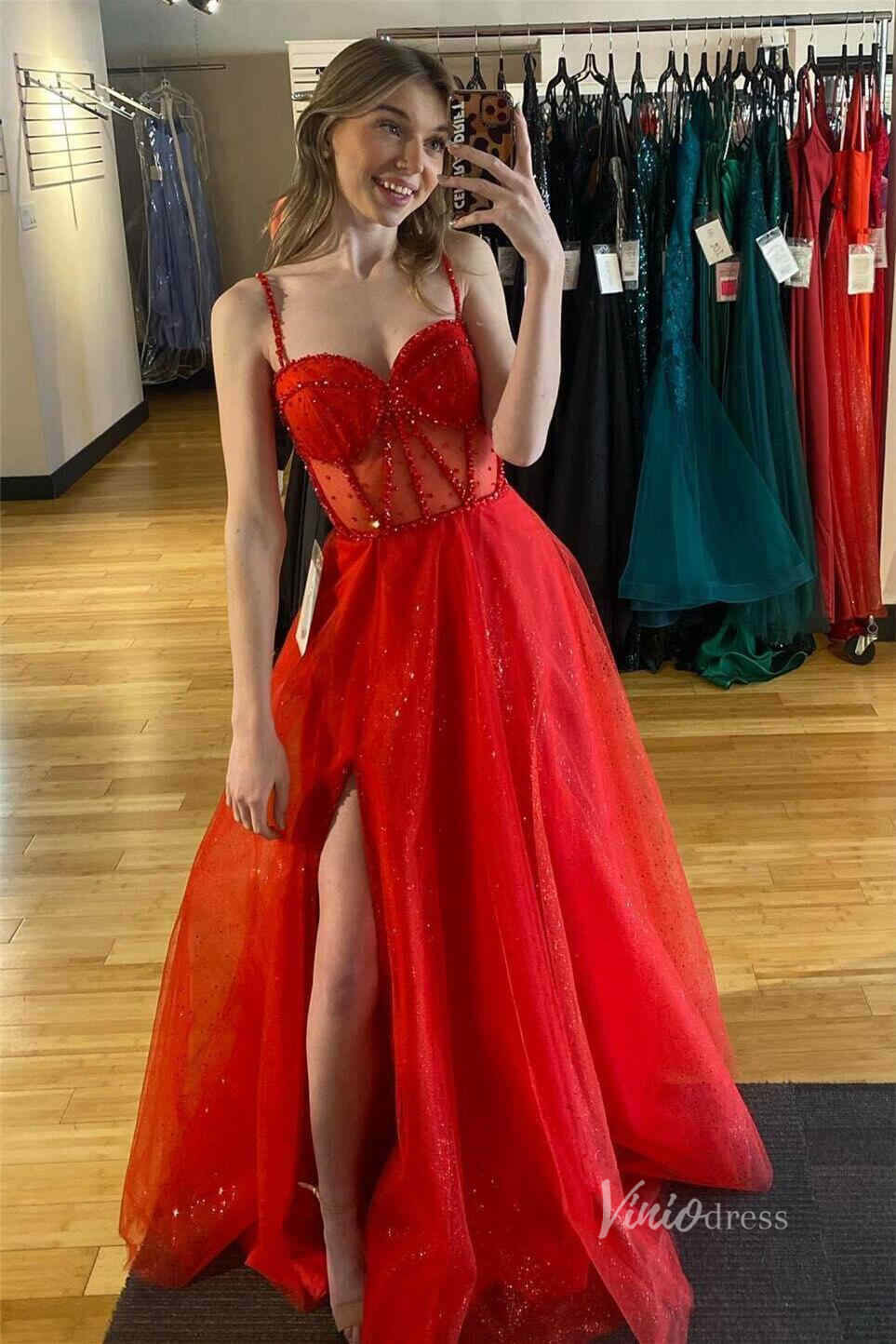 Shimmering Red Spaghetti Strap Prom Dresses with Slit Sheer Beaded Boned Bodice FD4043-prom dresses-Viniodress-Red-Custom Size-Viniodress