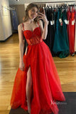 Shimmering Red Spaghetti Strap Prom Dresses with Slit Sheer Beaded Boned Bodice FD4043