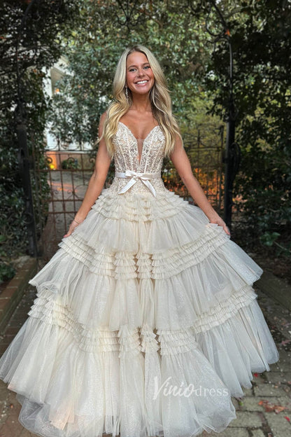 Shimmering Ruffle Prom Dresses Off the Shoulder Tiered Formal Gown FD3395-prom dresses 2025 -Viniodress-Champagne-Custom Size-
