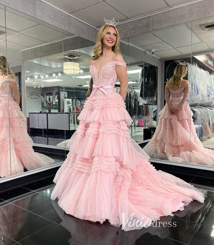 Shimmering Ruffle Prom Dresses Off the Shoulder Tiered Formal Gown FD3395-prom dresses 2025 -Viniodress-Pink-Custom Size-