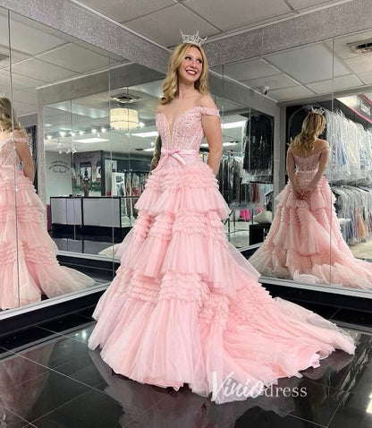 Shimmering Ruffle Prom Dresses Off the Shoulder Tiered Formal Gown FD3395-prom dresses 2025 -Viniodress-Pink-Custom Size-