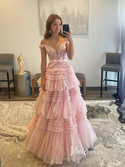 Shimmering Ruffle Prom Dresses Off the Shoulder Tiered Formal Gown FD3395-prom dresses 2025 -Viniodress-Pink-Custom Size-