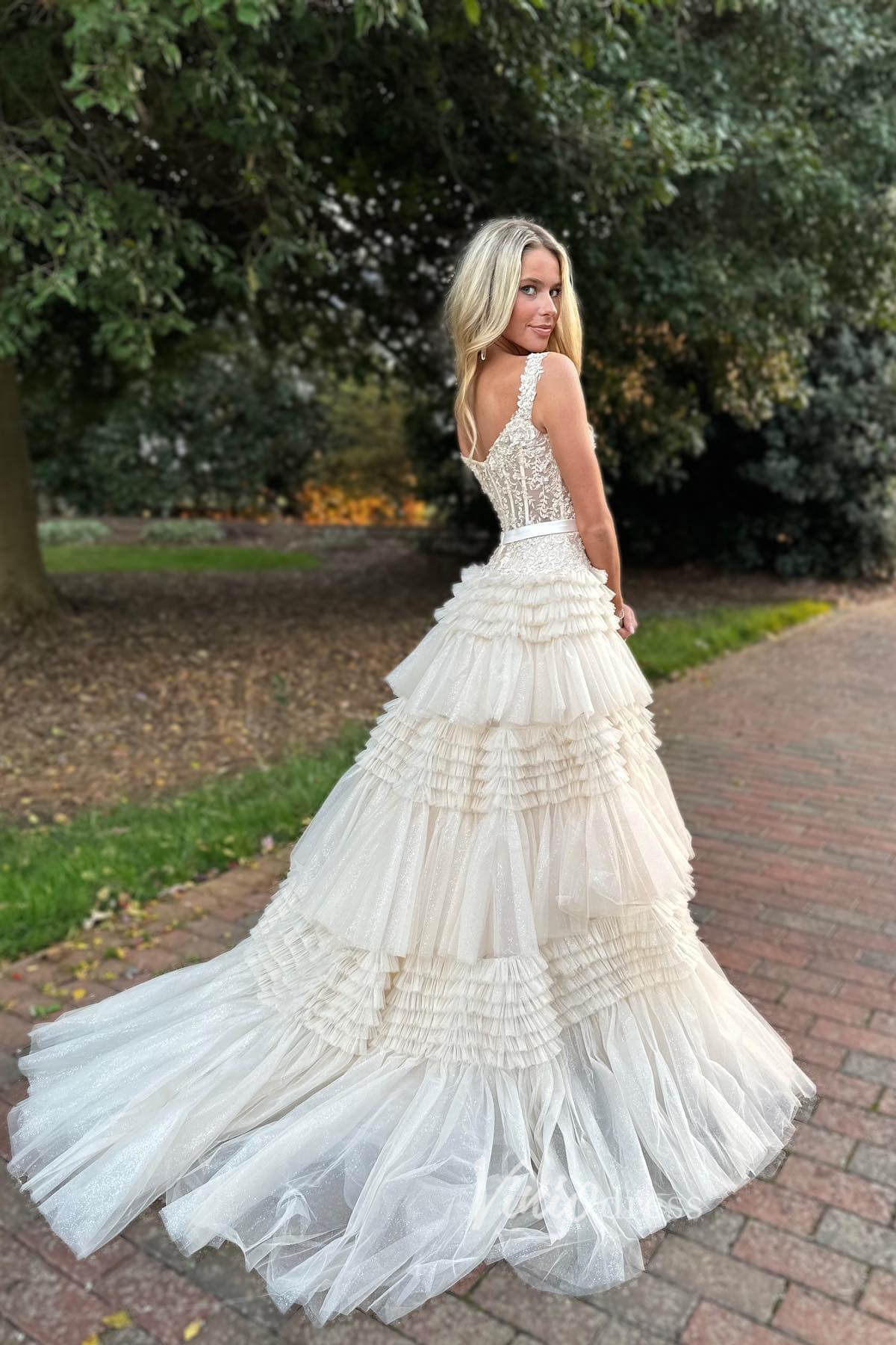 Shimmering Ruffle Prom Dresses Off the Shoulder Tiered Formal Gown FD3395-prom dresses 2025 -Viniodress-Pink-Custom Size-