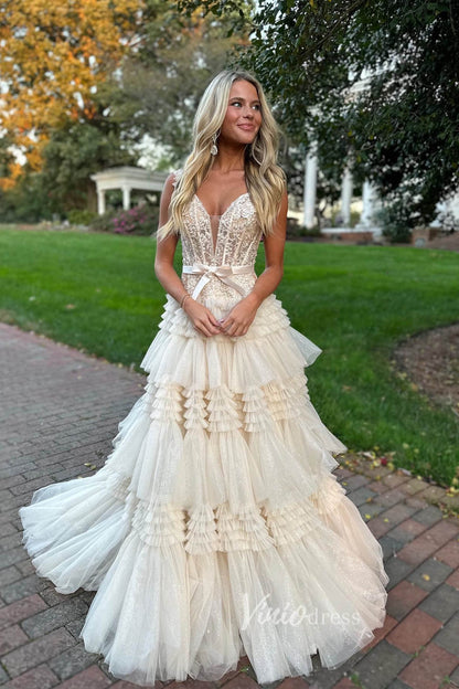 Shimmering Ruffle Prom Dresses Off the Shoulder Tiered Formal Gown FD3395-prom dresses 2025 -Viniodress-Pink-Custom Size-