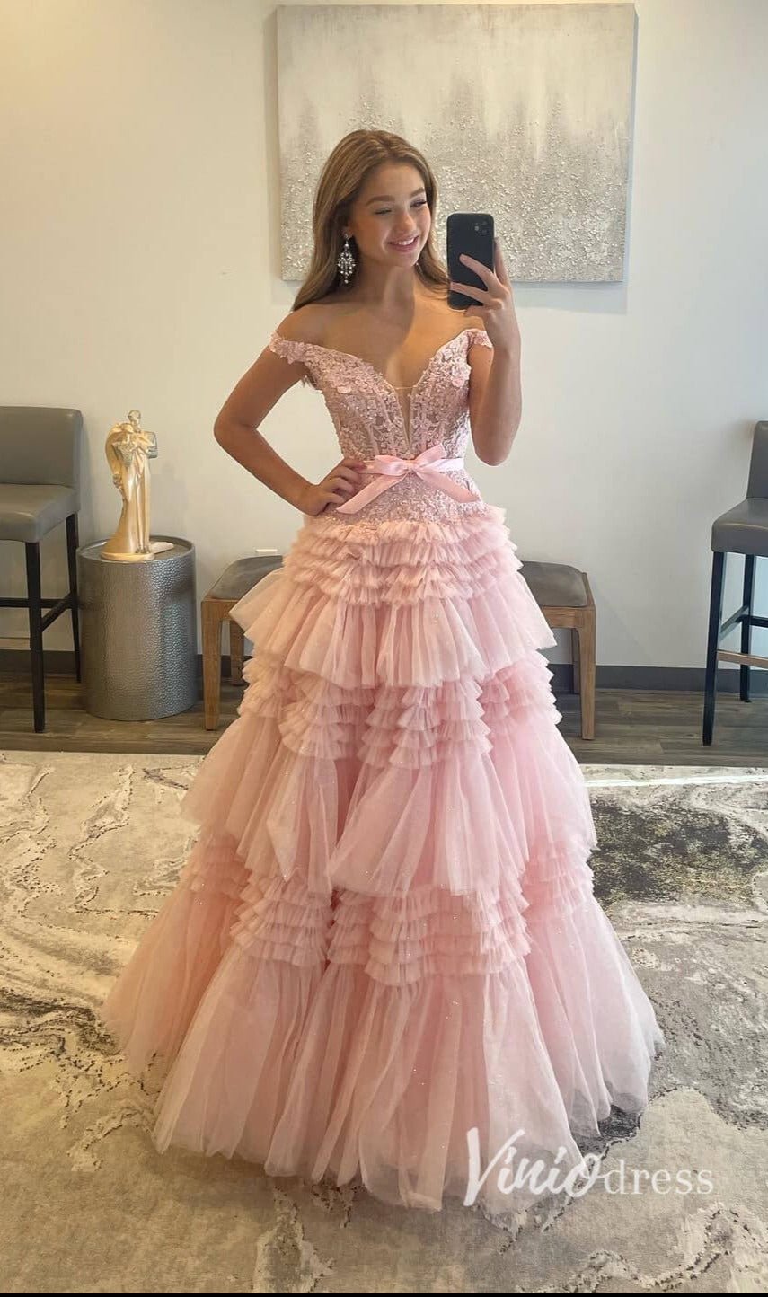 Shimmering Ruffle Prom Dresses Off the Shoulder Tiered Formal Gown FD3395-prom dresses 2025 -Viniodress-Pink-Custom Size-