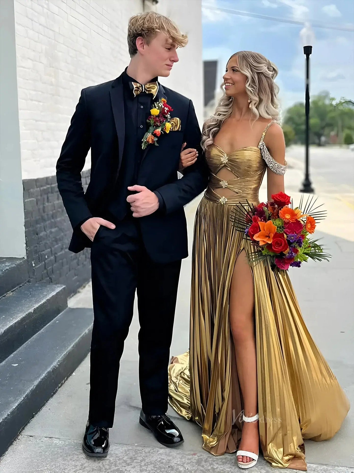 Shimmering Satin Prom Dresses 2025 Beaded Shoulder Ruched Formal Gown with Slit - FD5134-prom dresses 2025 -Viniodress-Gold-Custom Size-