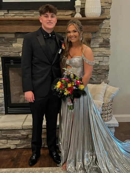 Shimmering Satin Prom Dresses 2025 Beaded Shoulder Ruched Formal Gown with Slit - FD5134-prom dresses 2025 -Viniodress-Gold-Custom Size-