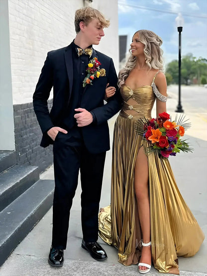 Shimmering Satin Prom Dresses 2025 Beaded Shoulder Ruched Formal Gown with Slit - FD5134-prom dresses 2025 -Viniodress-Gold-Custom Size-