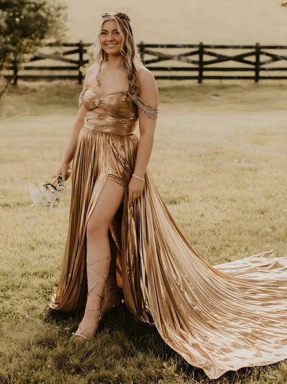 Shimmering Satin Prom Dresses 2025 Beaded Shoulder Ruched Formal Gown with Slit - FD5134-prom dresses 2025 -Viniodress-Gold-Custom Size-