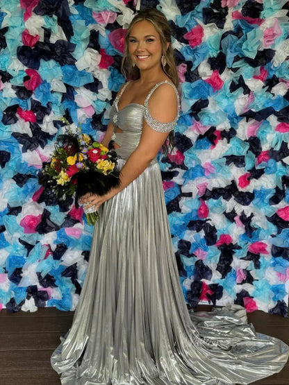 Shimmering Satin Prom Dresses 2025 Beaded Shoulder Ruched Formal Gown with Slit - FD5134-prom dresses 2025 -Viniodress-Gold-Custom Size-