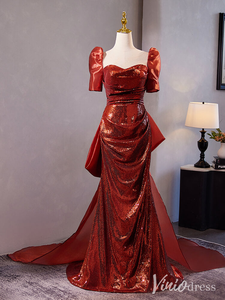 Shimmering Satin Puffed Sleeve Prom Dresses Mermaid Bow-Tie Evening Dress AD1332-prom dresses-Viniodress-Red-Custom Size-Viniodress