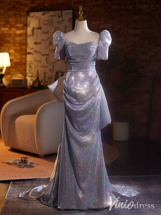 Shimmering Satin Puffed Sleeve Prom Dresses Mermaid Bow - Tie Evening Dress AD1332 - Viniodressprom dressesSilverCustom Size - Formal Dresses - Ball Gowns