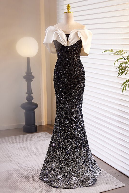 Shimmering Sequin Mermaid Prom Dresses Off the Shoulder Evening Dress AD1114-prom dresses 2025 -Viniodress-Black-Custom Size-