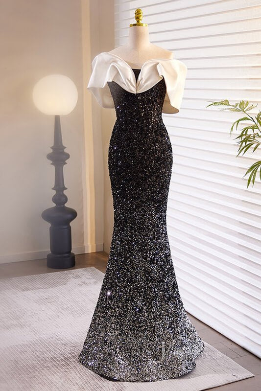 Shimmering Sequin Mermaid Prom Dresses Off the Shoulder Evening Dress AD1114-prom dresses 2025 -Viniodress-Black-Custom Size-