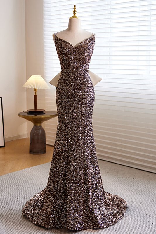 Shimmering Sequin Mermaid Prom Dresses Spaghetti Strap Evening Dress AD1059 - Viniodressprom dressesChampagneCustom Size - Formal Dresses - Ball Gowns