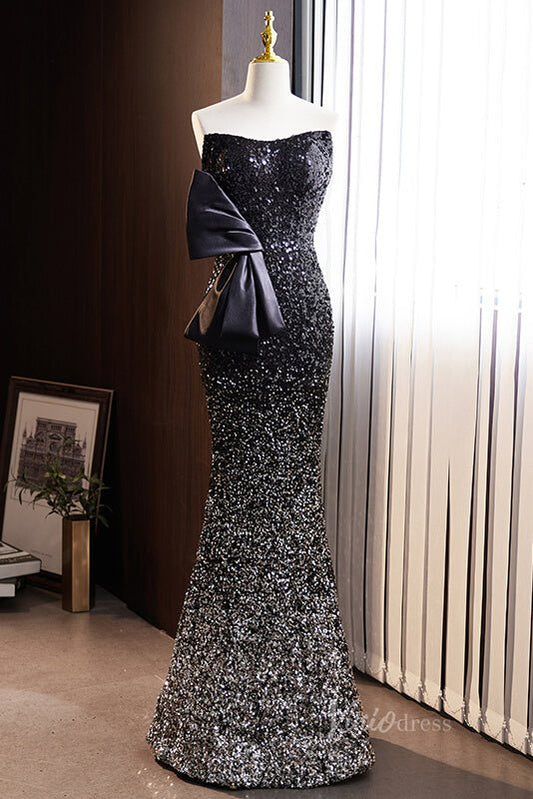 Shimmering Sequin Mermaid Prom Dresses Strapless Evening Dress AD1103-prom dresses 2025 -Viniodress-Black-Custom Size-
