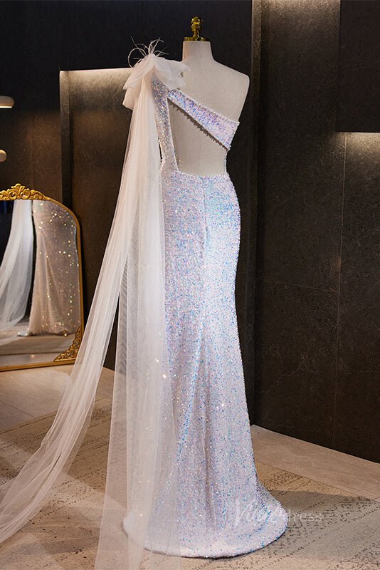 Shimmering Sequin Mermaid Prom Dresses with Slit One Shoulder Evening Dress AD1102-prom dresses 2025 -Viniodress-White-Custom Size-