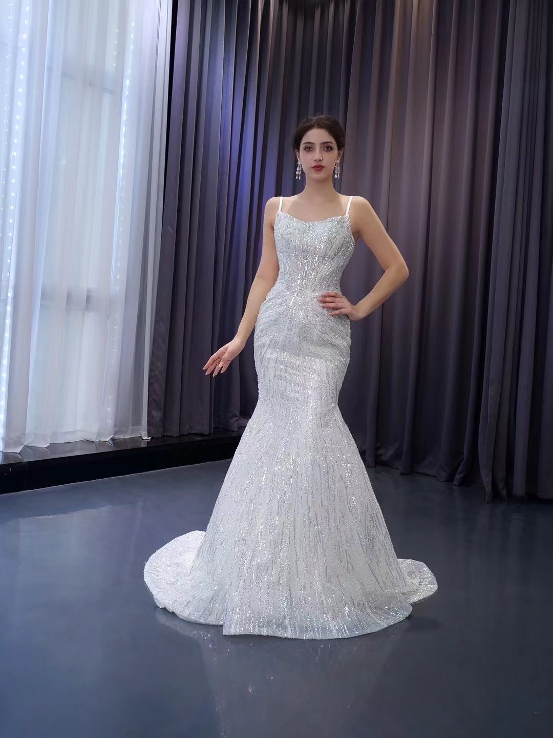 Shimmering Sequin Mermiad Wedding Dresses with Detachable Train and Spaghetti Strap 231049-wedding dresses 2025 -Viniodress-Ivory-Custom Size-