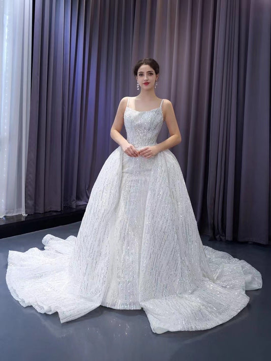 Shimmering Sequin Mermiad Wedding Dresses with Detachable Train and Spaghetti Strap 231049-wedding dresses 2025 -Viniodress-Ivory-Custom Size-