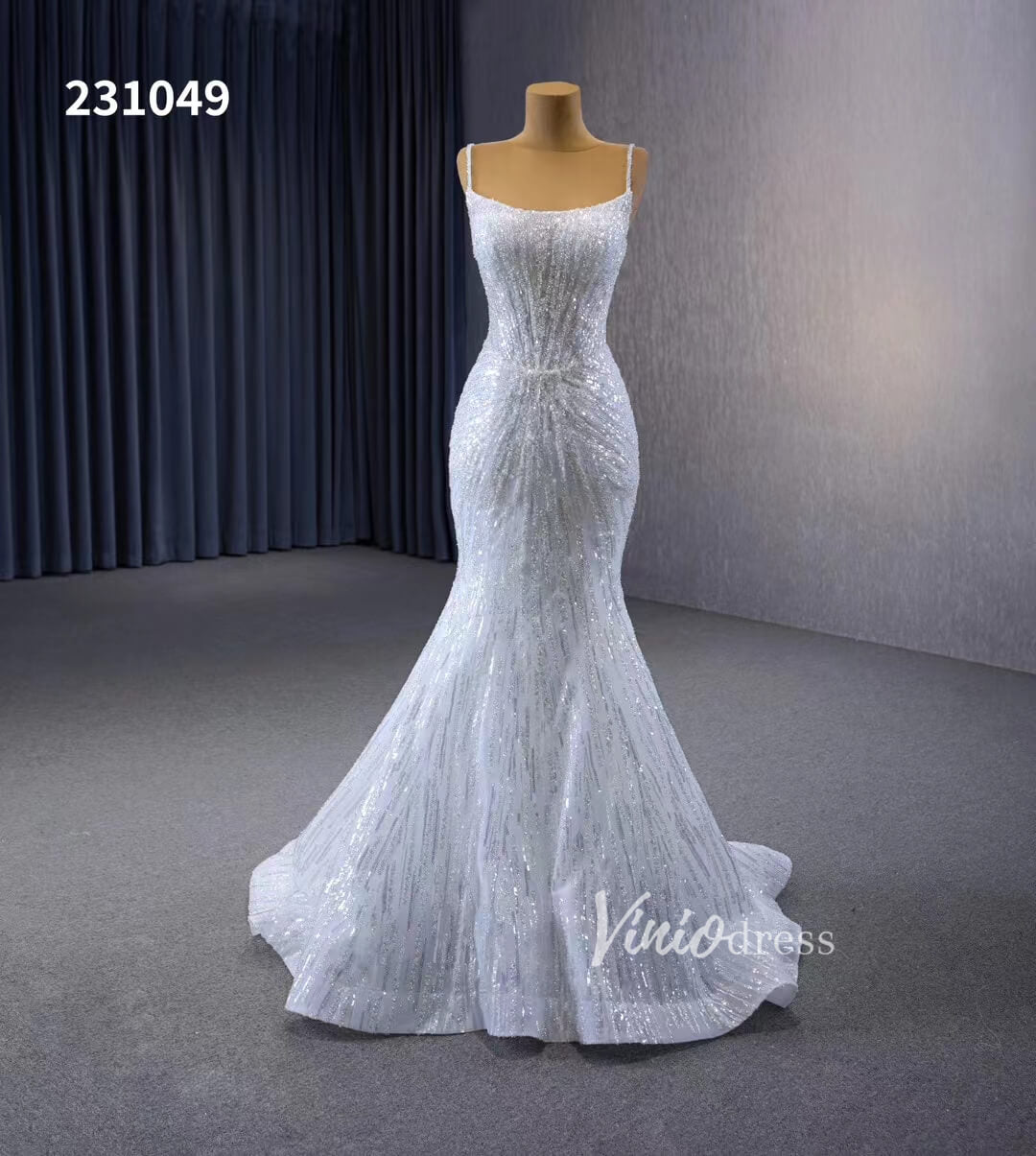 Shimmering Sequin Mermiad Wedding Dresses with Detachable Train and Spaghetti Strap 231049 - Viniodresswedding dressesIvoryCustom Size - Formal Dresses - Ball Gowns