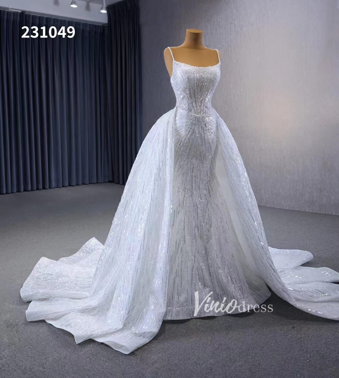 Shimmering Sequin Mermiad Wedding Dresses with Detachable Train and Spaghetti Strap 231049 - Viniodresswedding dressesIvoryCustom Size - Formal Dresses - Ball Gowns