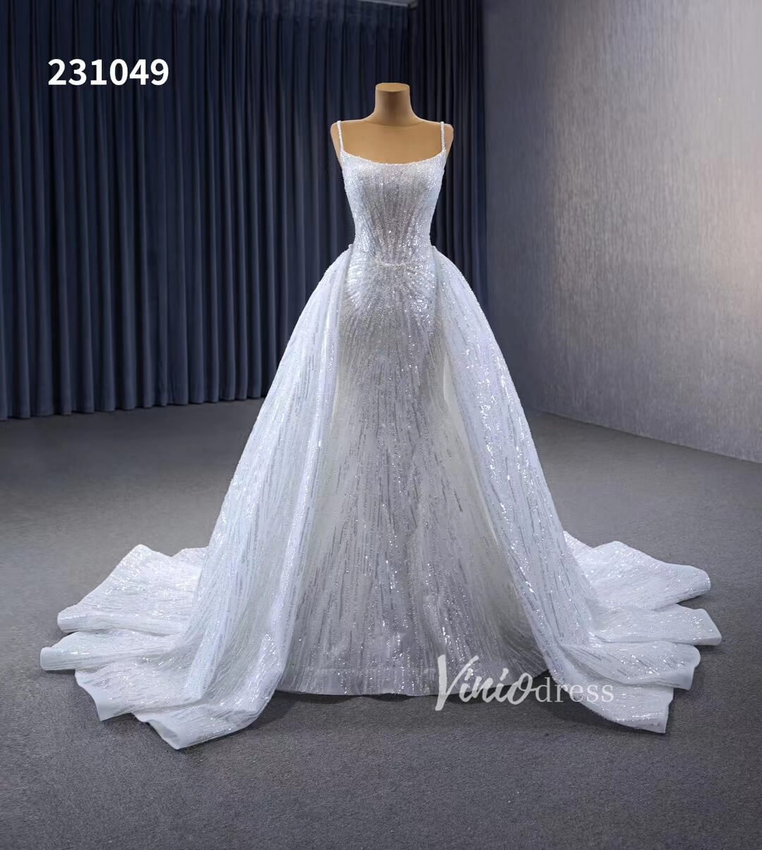 Shimmering Sequin Mermiad Wedding Dresses with Detachable Train and Spaghetti Strap 231049 - Viniodresswedding dressesIvoryCustom Size - Formal Dresses - Ball Gowns