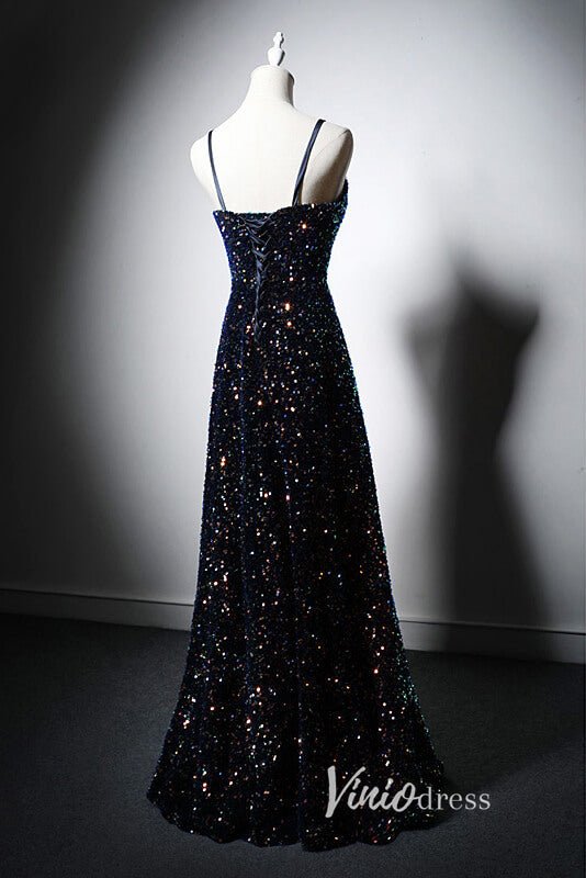 Shimmering Sequin Prom Dresses with Spaghetti Strap AD1016-prom dresses 2025 -Viniodress-Navy Blue-Custom Size-