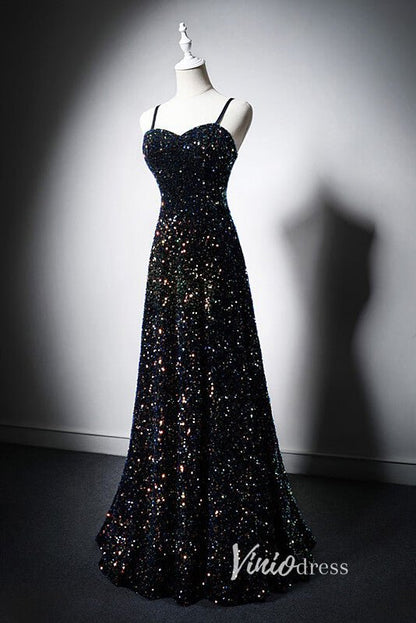 Shimmering Sequin Prom Dresses with Spaghetti Strap AD1016-prom dresses 2025 -Viniodress-Navy Blue-Custom Size-