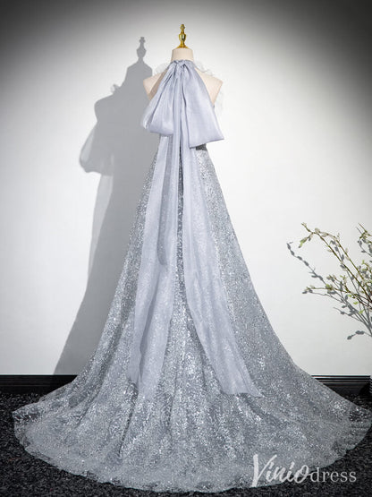 Shimmering Silver Halter Neck Prom Dresses Sparkly Tulle Bow-Tie Evening Dress AD1345-prom dresses 2025 -Viniodress-Silver-Custom Size-
