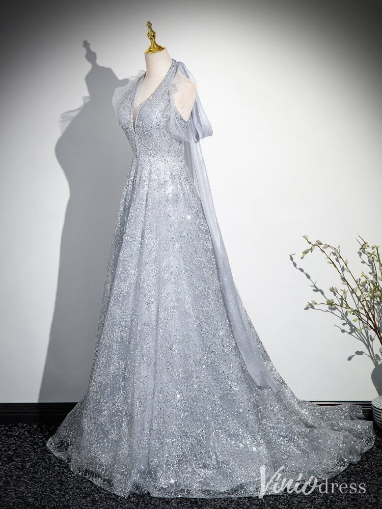 Shimmering Silver Halter Neck Prom Dresses Sparkly Tulle Bow-Tie Evening Dress AD1345-prom dresses 2025 -Viniodress-Silver-Custom Size-