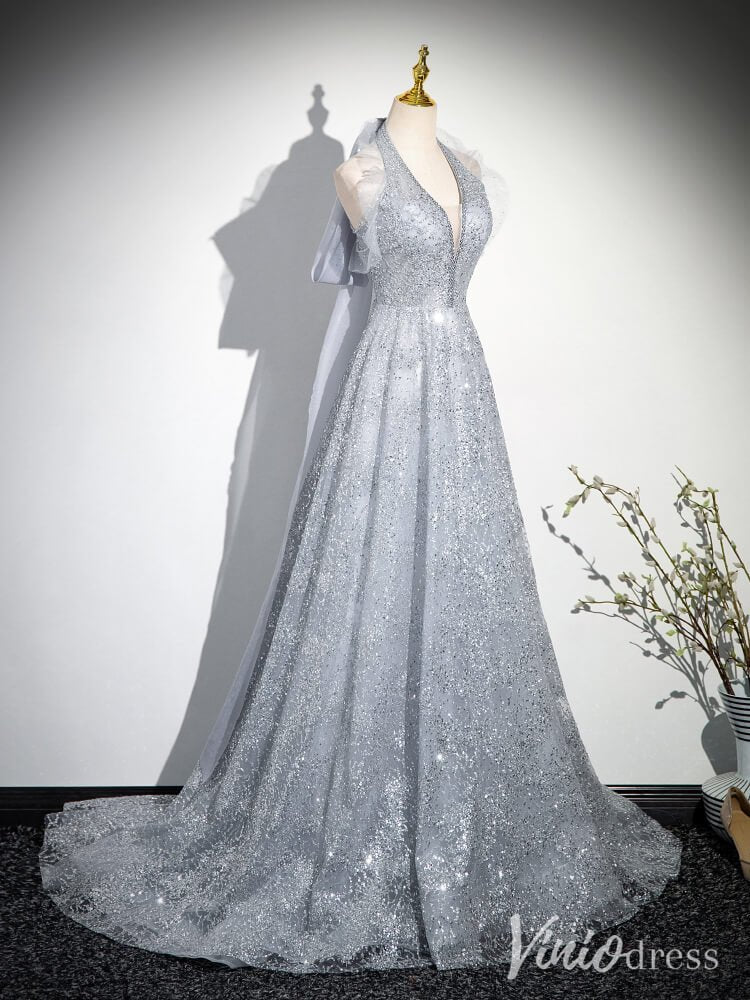 Shimmering Silver Halter Neck Prom Dresses Sparkly Tulle Bow-Tie Evening Dress AD1345-prom dresses 2025 -Viniodress-Silver-Custom Size-
