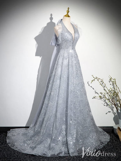 Shimmering Silver Halter Neck Prom Dresses Sparkly Tulle Bow-Tie Evening Dress AD1345-prom dresses 2025 -Viniodress-Silver-Custom Size-