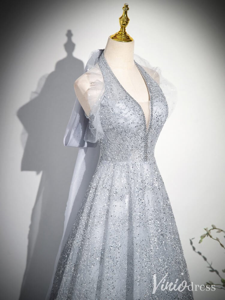 Shimmering Silver Halter Neck Prom Dresses Sparkly Tulle Bow-Tie Evening Dress AD1345-prom dresses 2025 -Viniodress-Silver-Custom Size-