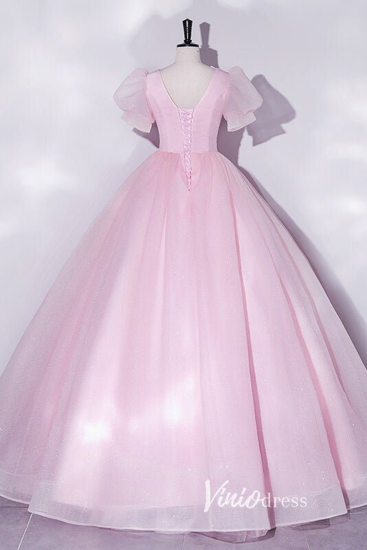 Shimmering Sparkly Tulle Prom Dresses with Puffed Sleeve FD3515-prom dresses 2025 -Viniodress-Pink-Custom Size-