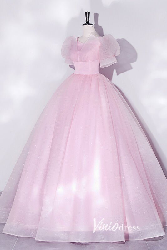 Shimmering Sparkly Tulle Prom Dresses with Puffed Sleeve FD3515-prom dresses 2025 -Viniodress-Pink-Custom Size-