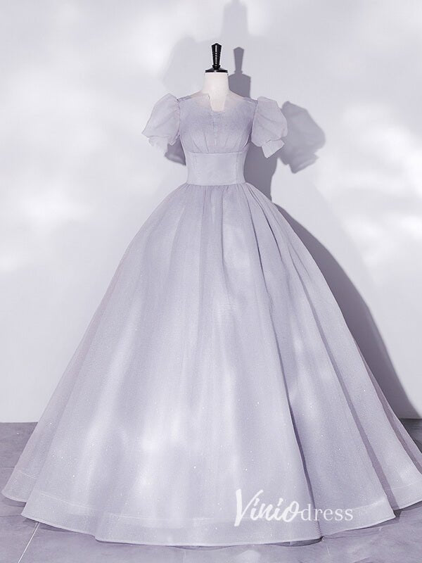 Shimmering Sparkly Tulle Prom Dresses with Puffed Sleeve FD3515-prom dresses 2025 -Viniodress-Grey-Custom Size-