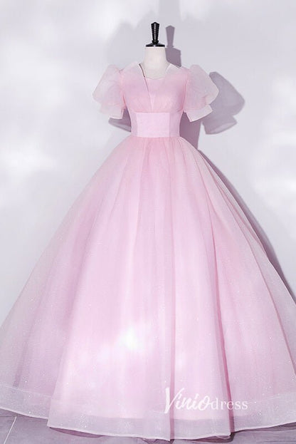 Shimmering Sparkly Tulle Prom Dresses with Puffed Sleeve FD3515-prom dresses 2025 -Viniodress-Pink-Custom Size-