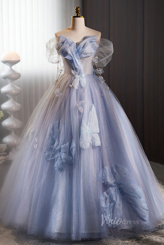 Shimmering Tulle Floral Prom Dresses Butterfly Pearl String Off the Shoulder 90059-prom dresses 2025 -Viniodress-Blue-Custom Size-