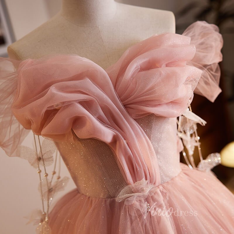 Shimmering Tulle Floral Prom Dresses Butterfly Pearl String Off the Shoulder 90059-prom dresses 2025 -Viniodress-Pink-Custom Size-