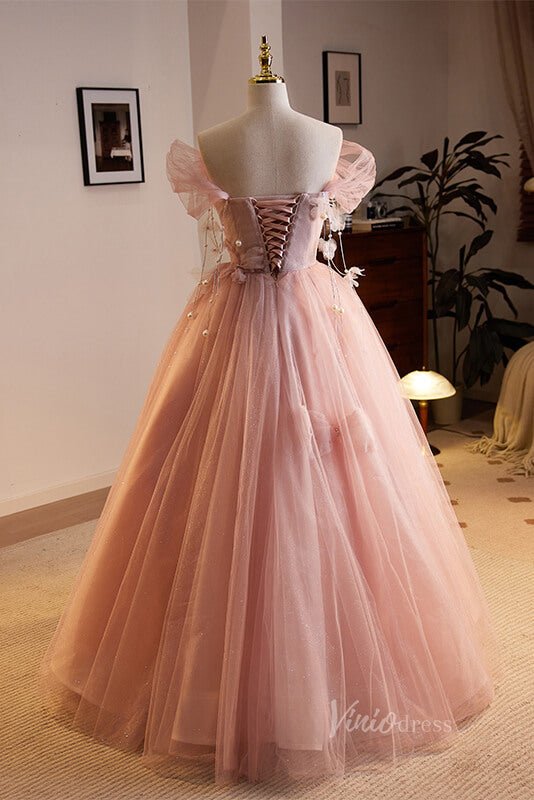 Shimmering Tulle Floral Prom Dresses Butterfly Pearl String Off the Shoulder 90059 - Viniodressprom dressesPinkCustom Size - Formal Dresses - Ball Gowns