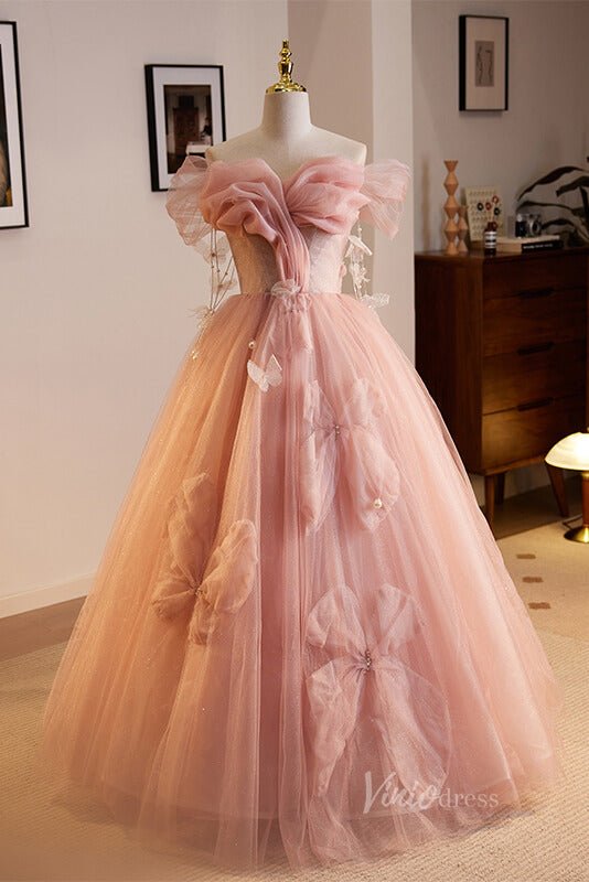 Shimmering Tulle Floral Prom Dresses Butterfly Pearl String Off the Shoulder 90059 - Viniodressprom dressesPinkCustom Size - Formal Dresses - Ball Gowns